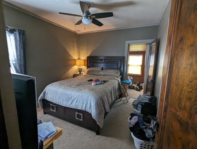 bedroom featuring crown molding, carpet flooring, and ceiling fan