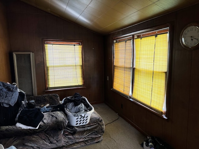 bedroom featuring multiple windows and wooden walls