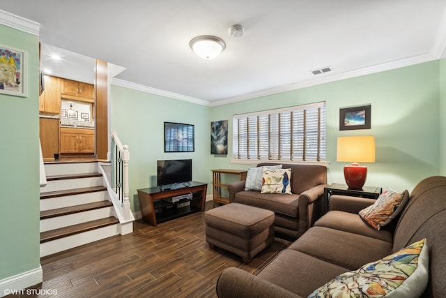 living room featuring dark hardwood / wood-style flooring and ornamental molding