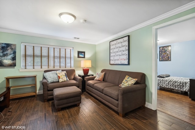 living room with crown molding and dark hardwood / wood-style floors