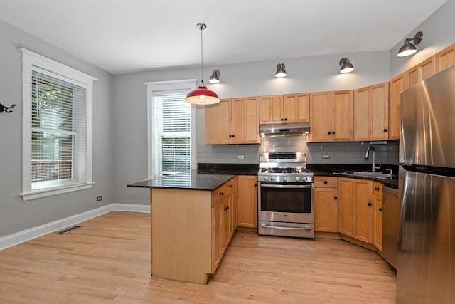 kitchen with decorative light fixtures, appliances with stainless steel finishes, plenty of natural light, and sink