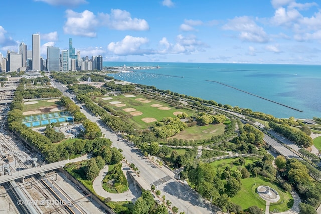 drone / aerial view with a water view