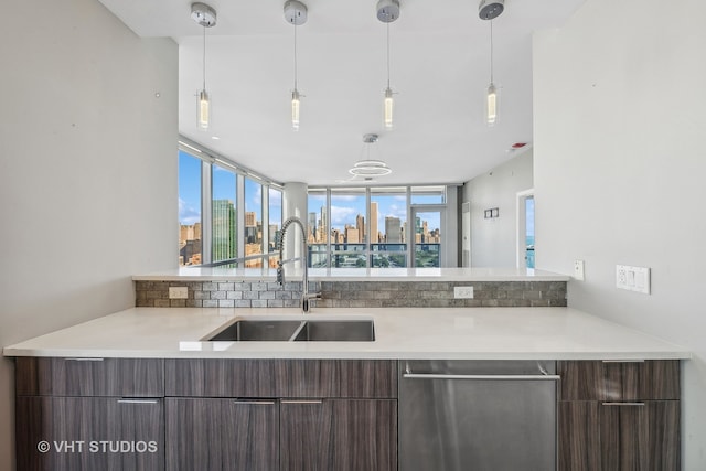 kitchen featuring a healthy amount of sunlight, dark brown cabinetry, sink, and dishwasher