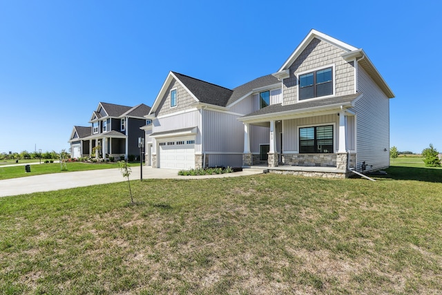 craftsman house featuring a porch, a front lawn, and a garage