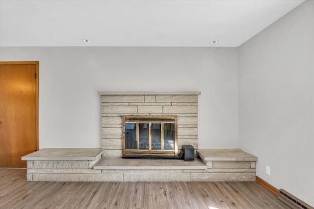 room details with wood-type flooring, a stone fireplace, and a baseboard heating unit