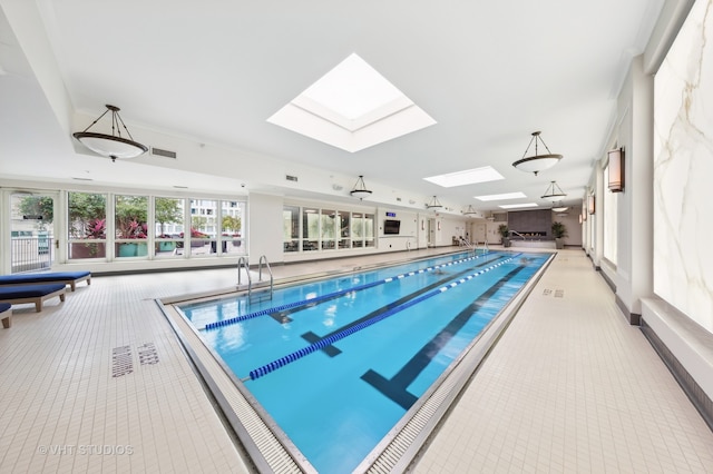 view of pool with a skylight