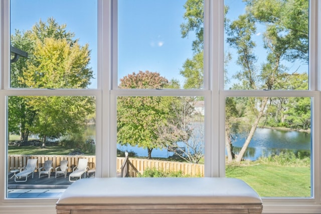 doorway to outside with a water view and wood-type flooring