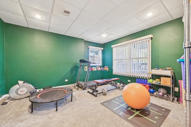 exercise room featuring a drop ceiling and carpet