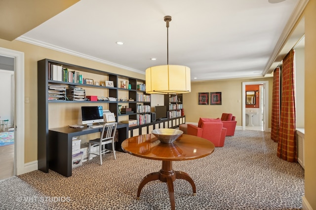 home office with ornamental molding and carpet floors