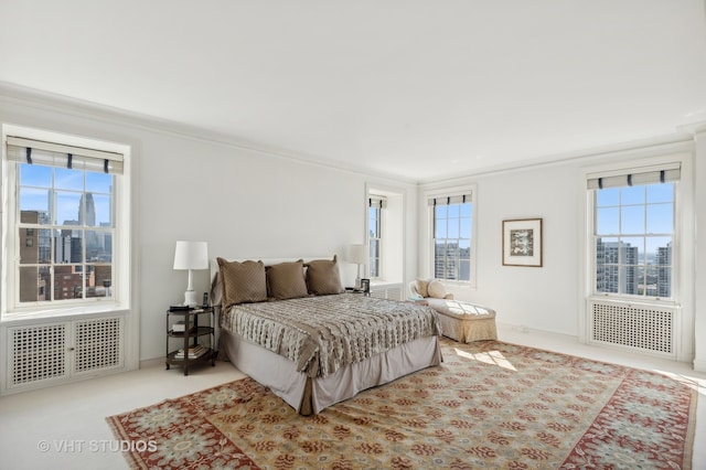 bedroom with multiple windows, carpet flooring, and radiator