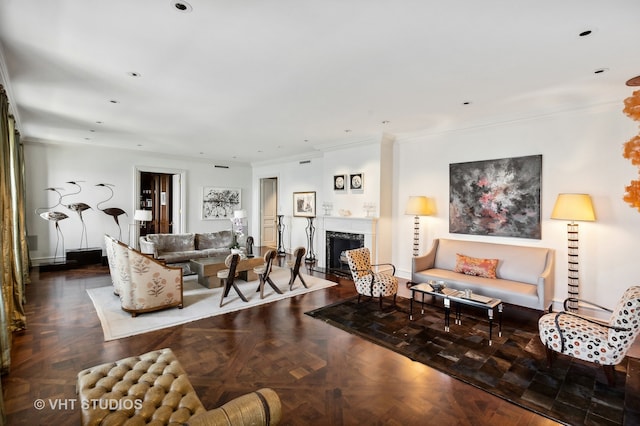 living room with ornamental molding and dark parquet floors