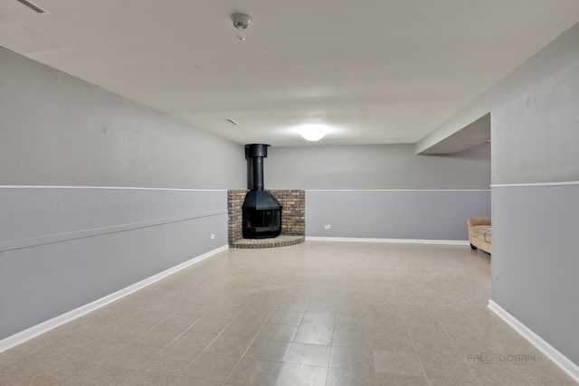 basement with a wood stove