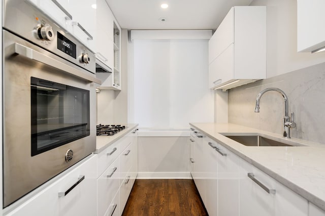 kitchen featuring light stone counters, sink, white cabinets, and dark hardwood / wood-style floors