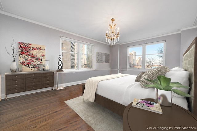 bedroom featuring dark hardwood / wood-style flooring, a notable chandelier, and ornamental molding