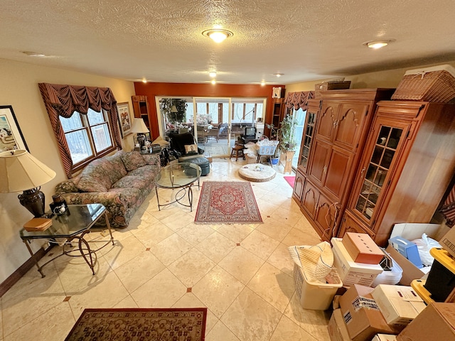 living room with a textured ceiling