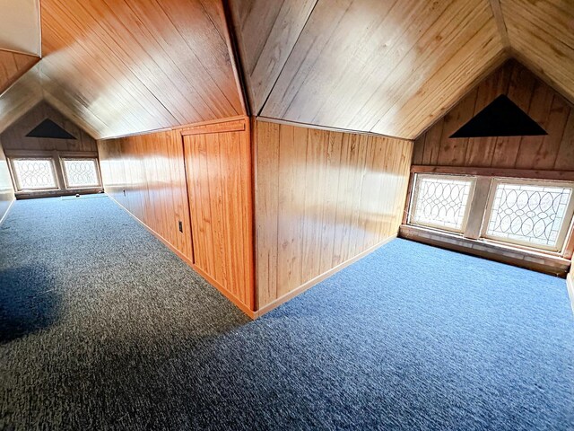 bonus room featuring wood ceiling, wooden walls, and carpet