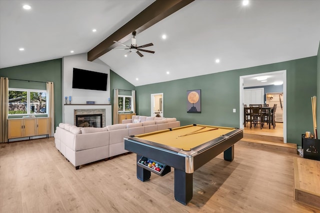 game room with billiards, high vaulted ceiling, beamed ceiling, ceiling fan, and light hardwood / wood-style flooring