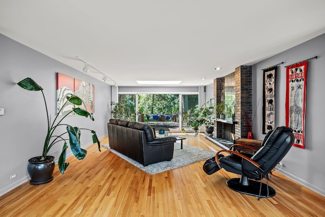 living room with wood-type flooring, a fireplace, and track lighting