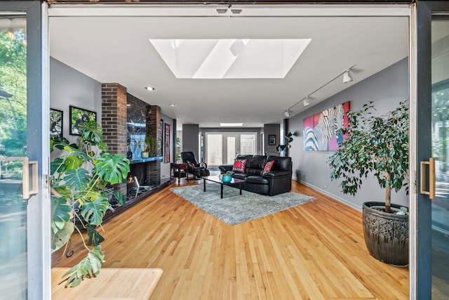 living room featuring wood-type flooring, a skylight, and rail lighting