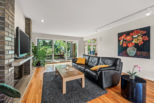 living room with a brick fireplace, light hardwood / wood-style flooring, rail lighting, and a healthy amount of sunlight