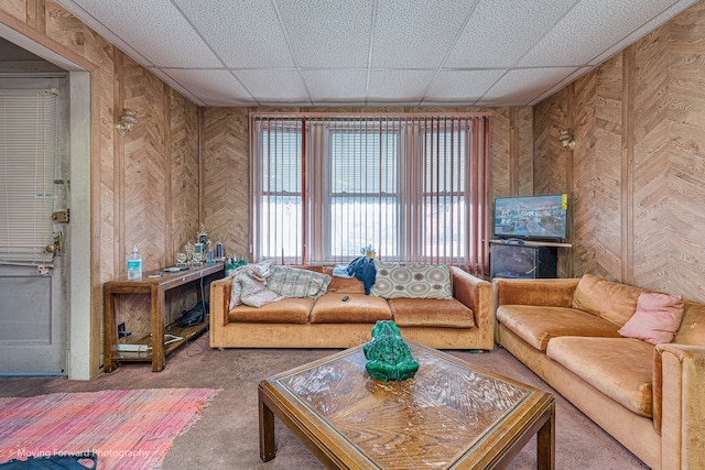 living room featuring a paneled ceiling and carpet floors