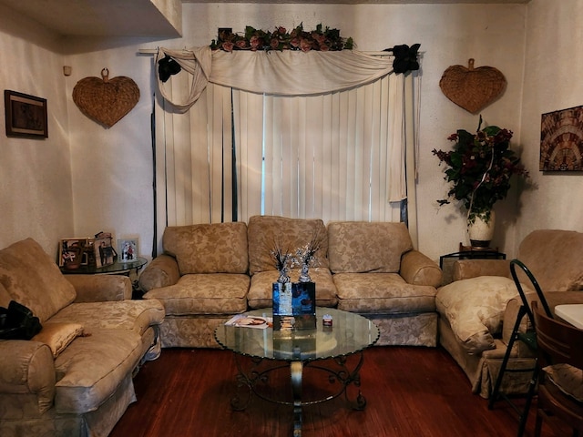 living room with dark hardwood / wood-style flooring