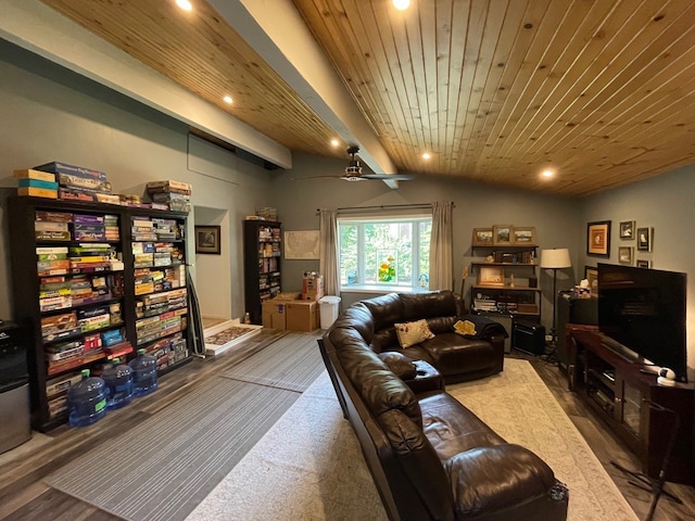 living room with wood ceiling, vaulted ceiling, ceiling fan, and hardwood / wood-style floors