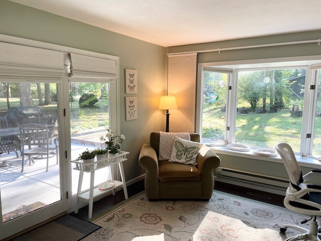 interior space with a baseboard heating unit and a wealth of natural light