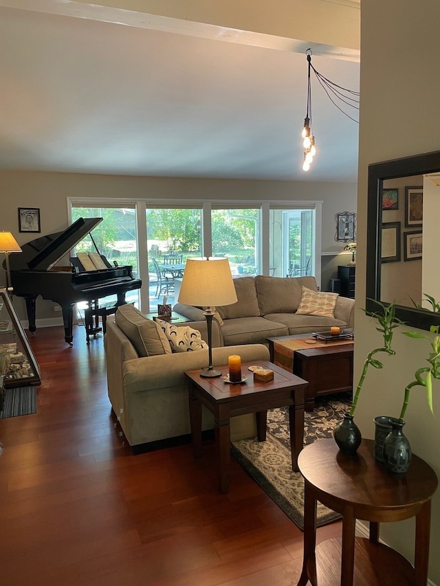 living room featuring lofted ceiling, dark hardwood / wood-style floors, and plenty of natural light