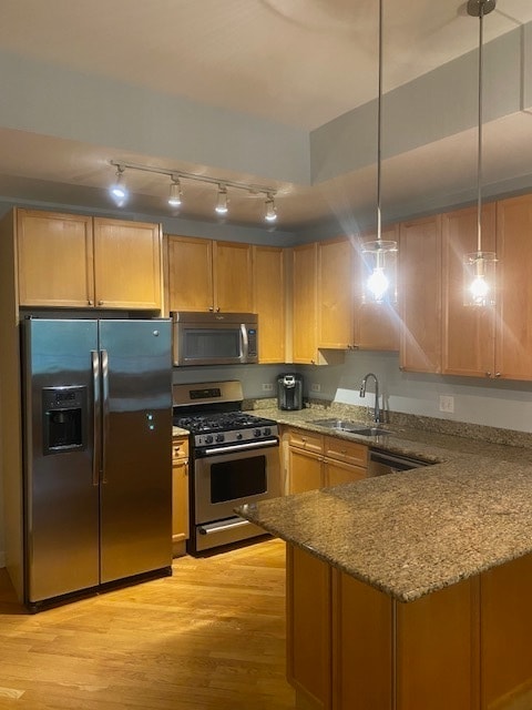 kitchen featuring pendant lighting, stainless steel appliances, kitchen peninsula, and light hardwood / wood-style floors