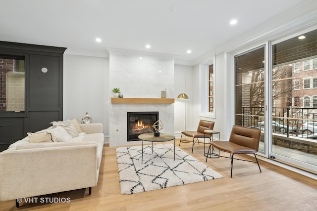 living room featuring ornamental molding, a fireplace, and light hardwood / wood-style floors