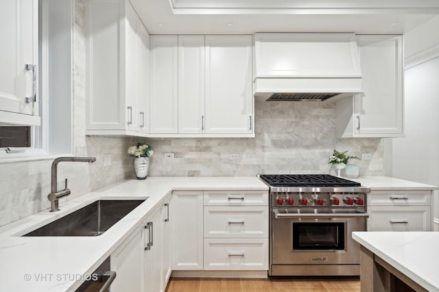 kitchen featuring white cabinetry, sink, custom range hood, and designer stove