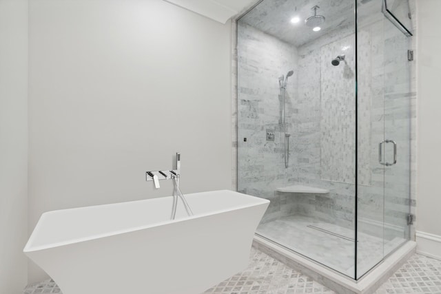 bathroom featuring tile patterned flooring and plus walk in shower