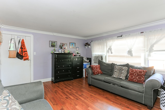 living room with crown molding and dark wood-type flooring