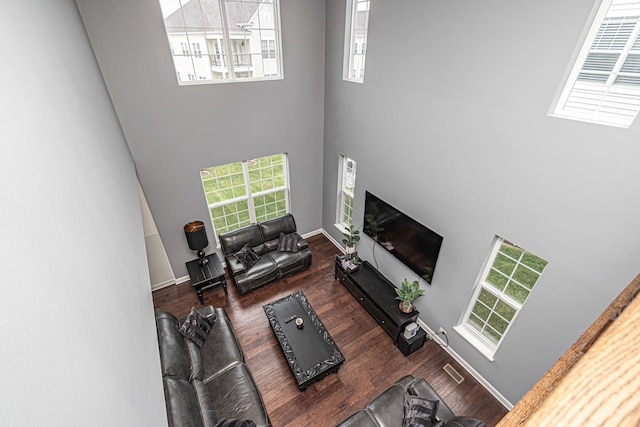 12740 Timber Wood Cir, Plainfield, IL 60585 - living area with a towering ceiling, wood finished floors, and baseboards