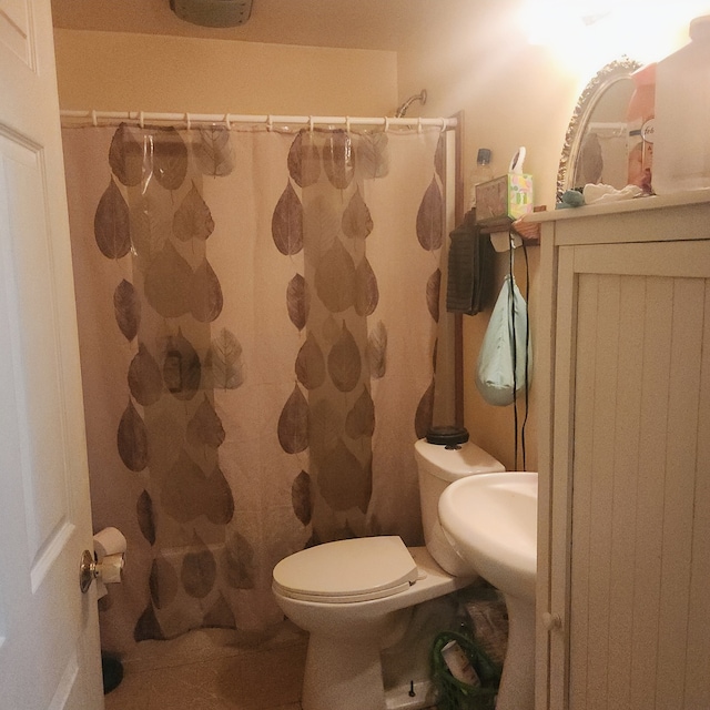 bathroom with toilet and a shower with shower curtain