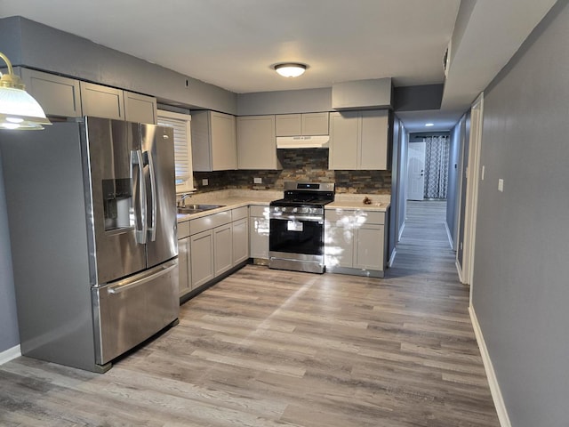 kitchen featuring backsplash, under cabinet range hood, light countertops, appliances with stainless steel finishes, and light wood-style floors