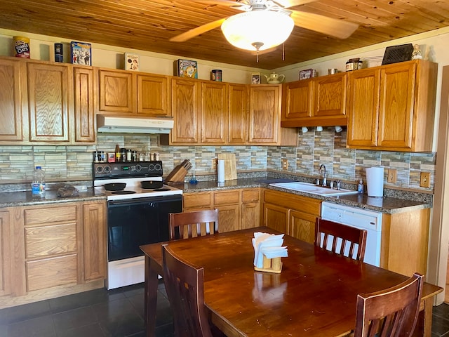 kitchen featuring white appliances, dark tile patterned floors, sink, ceiling fan, and decorative backsplash