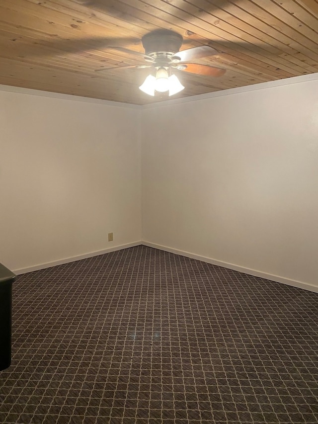 unfurnished room with ornamental molding, wood ceiling, and ceiling fan