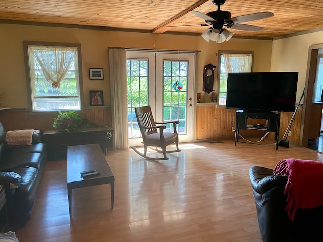 living room with wood walls, ceiling fan, wood-type flooring, and wooden ceiling