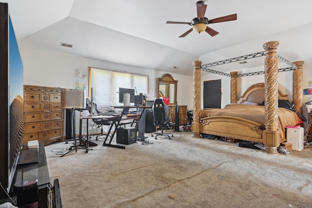 carpeted bedroom with vaulted ceiling