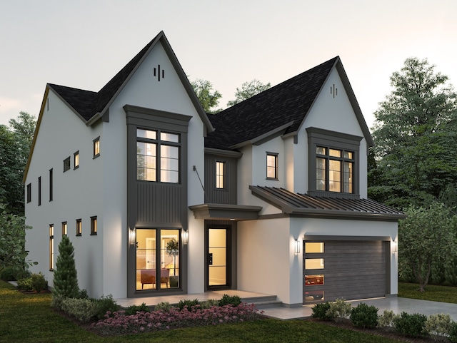 172 E Crescent Ave, Elmhurst, IL 60126 - modern farmhouse with a garage, driveway, a standing seam roof, stucco siding, and metal roof