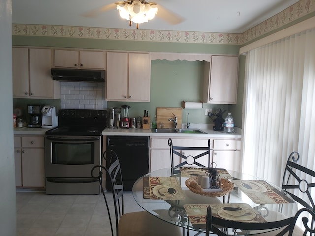 kitchen featuring cream cabinets, tasteful backsplash, electric range, dishwasher, and sink