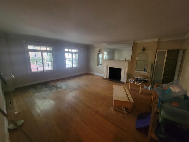 living room with ornamental molding and hardwood / wood-style flooring