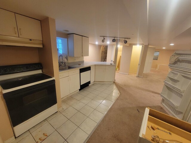 kitchen with white appliances, light colored carpet, sink, and extractor fan