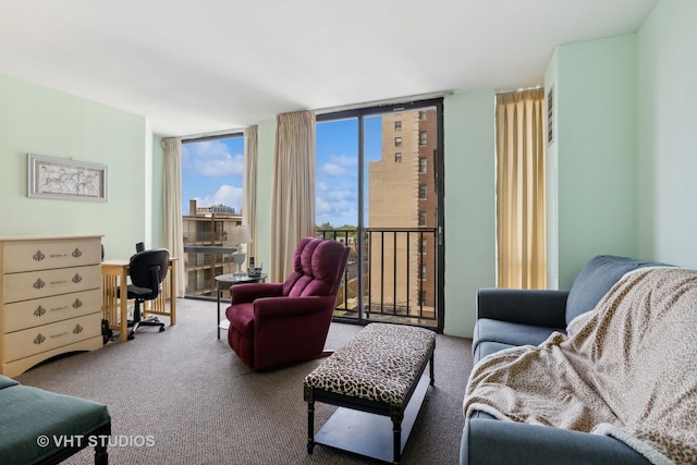 living room with floor to ceiling windows and carpet floors