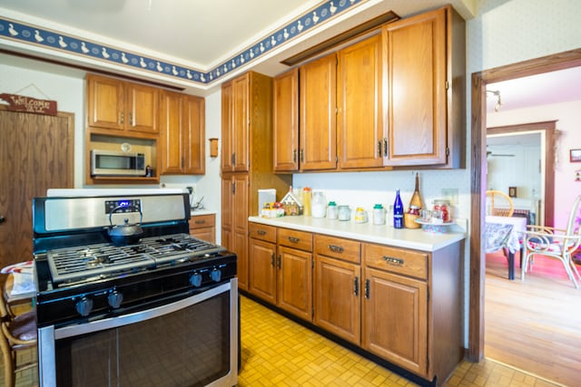 kitchen with stainless steel appliances and light hardwood / wood-style floors