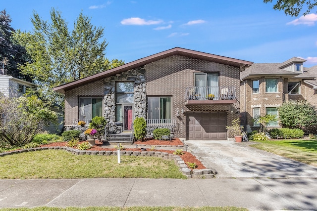 view of front of house featuring a balcony, a garage, and a front lawn