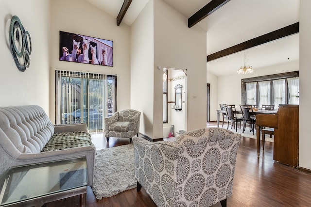 living room featuring beamed ceiling, a notable chandelier, dark hardwood / wood-style flooring, and high vaulted ceiling