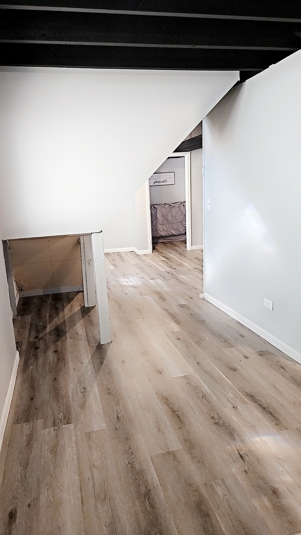 basement with light hardwood / wood-style flooring